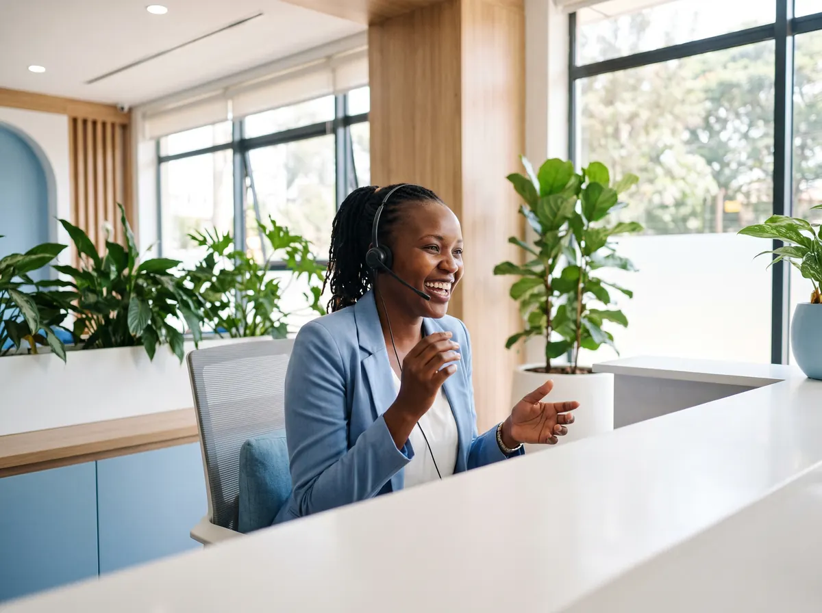 A Kenyan receptionist with a headset answering a call at a clinic front desk