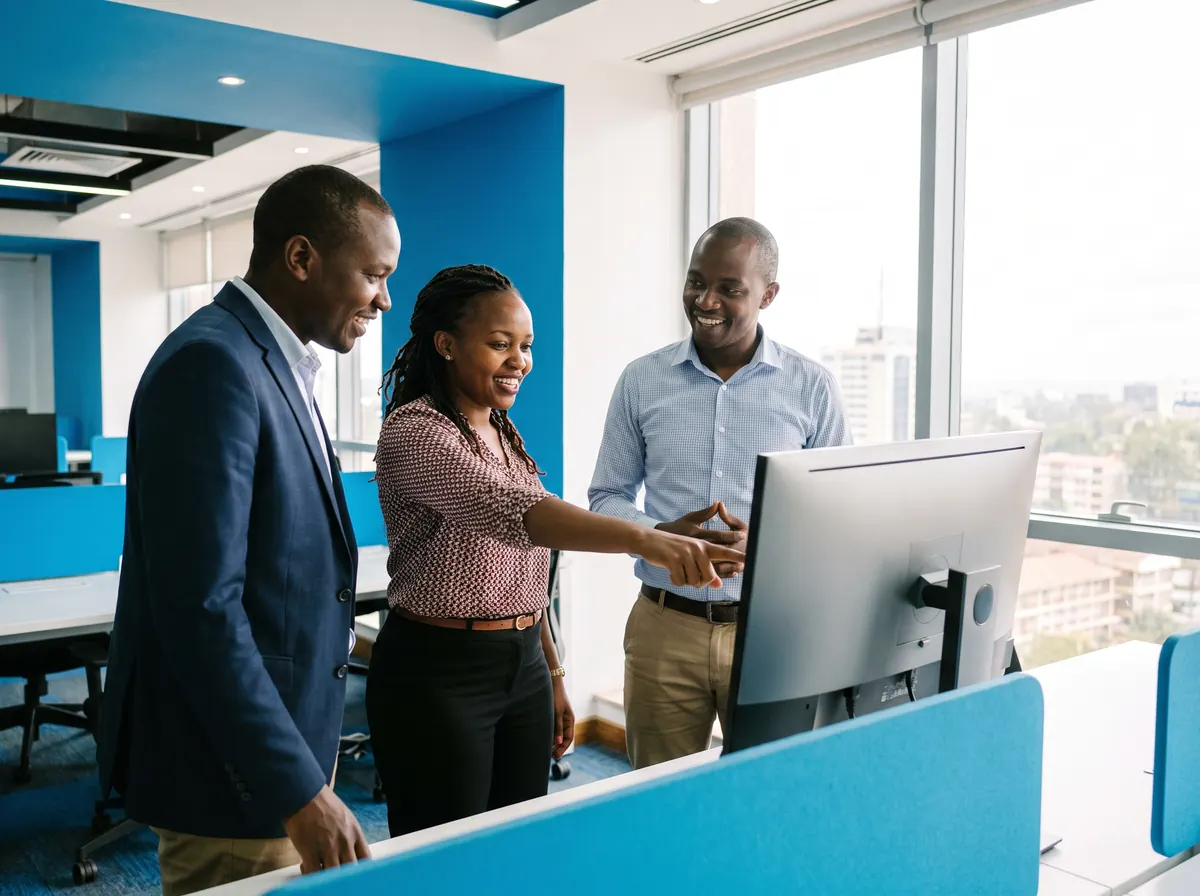 A Kenyan business team gathered around a monitor discussing customers