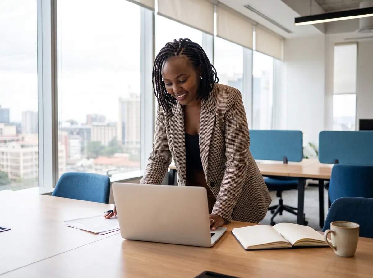 A Kenyan marketing manager reviewing work on a laptop in a bright Nairobi office