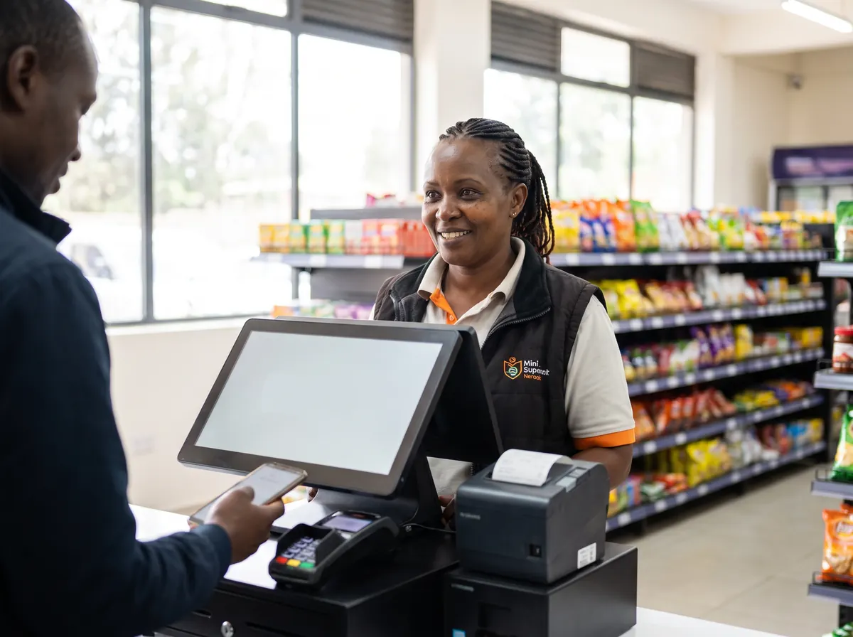 A smiling Kenyan cashier using a touchscreen POS at a Nairobi supermarket checkout