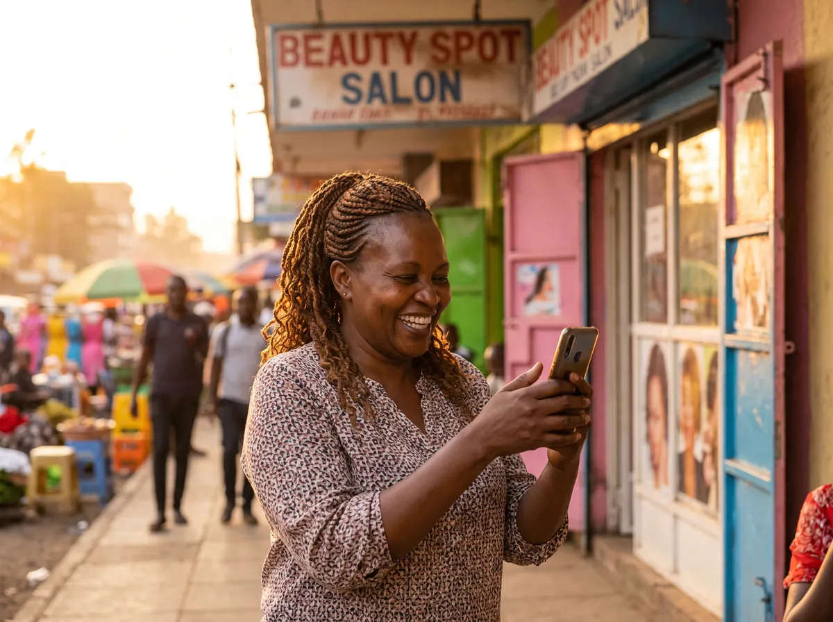A happy Kenyan customer smiling at her phone outside a salon