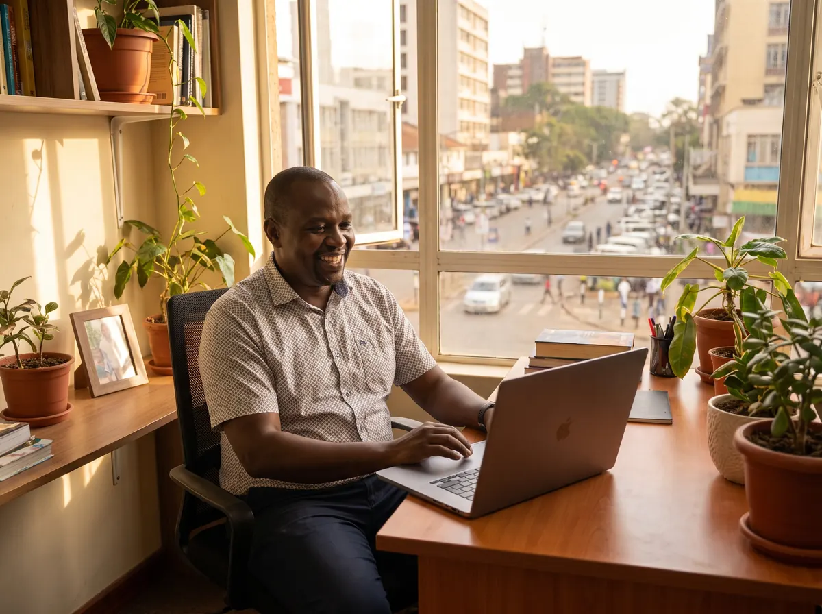 A Kenyan business owner smiling at his laptop in a Nairobi office