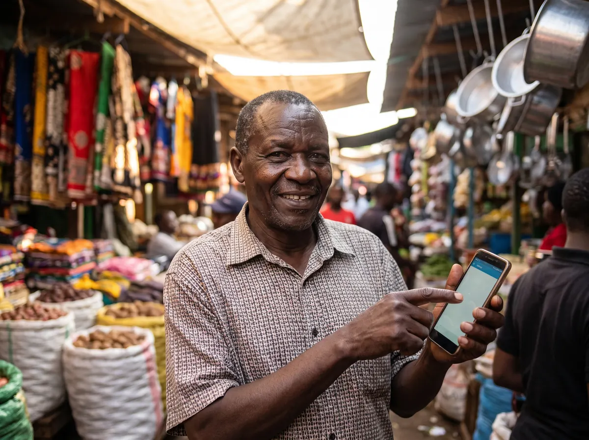 A Kenyan shop owner at a Nairobi market stall smiling as a text message arrives