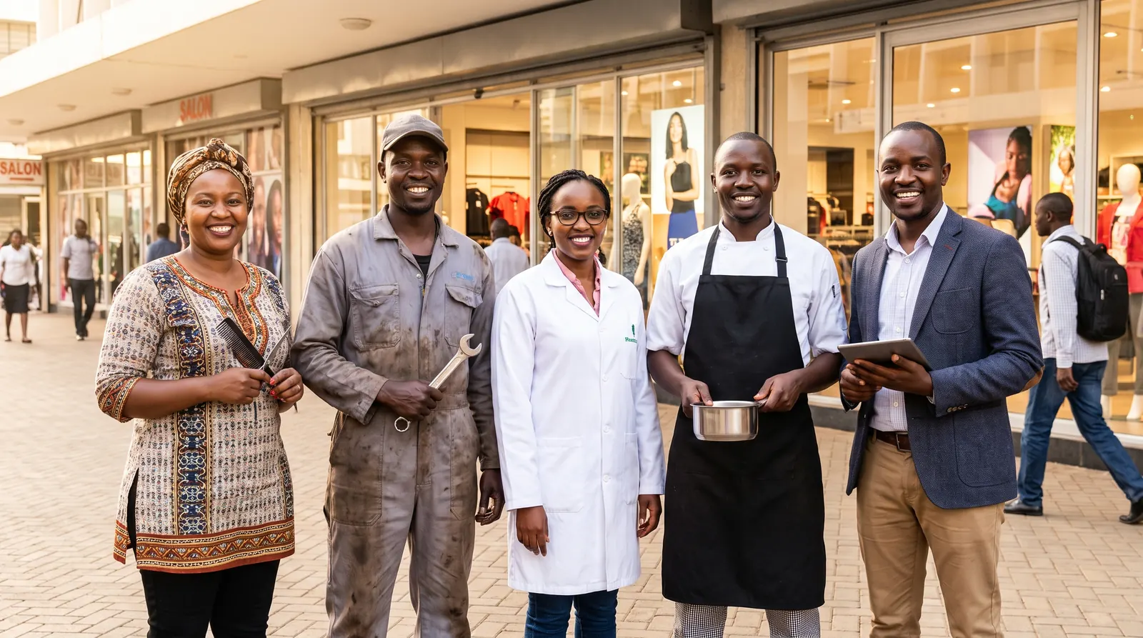 Kenyan business owners from different industries standing together on a Nairobi street