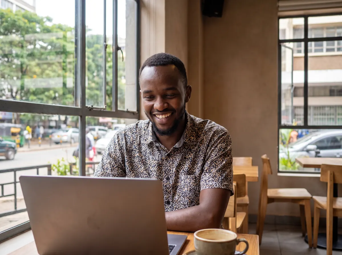 A Kenyan business owner working on a laptop in a Nairobi cafe
